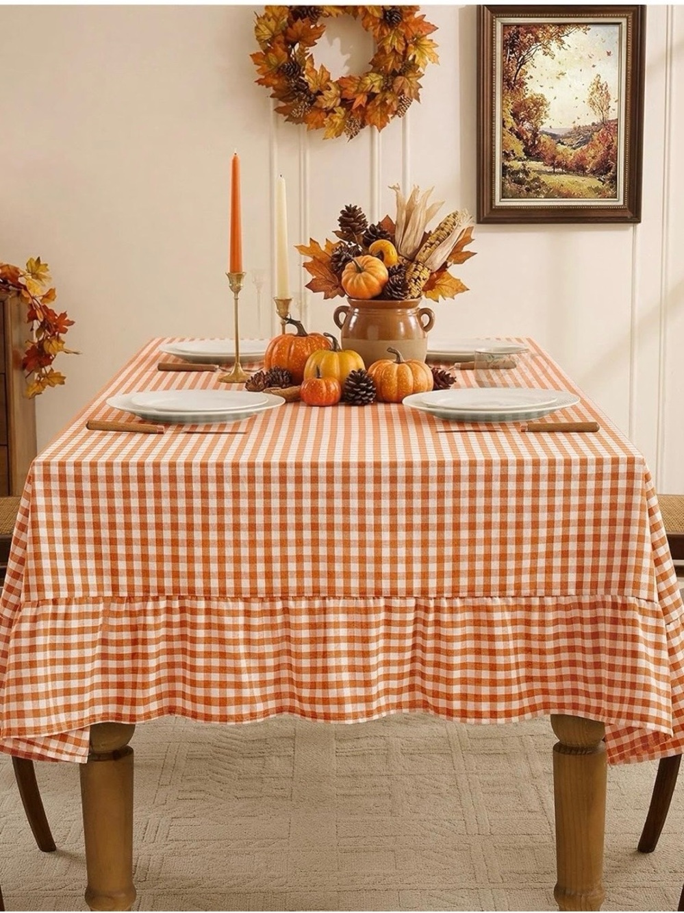 Gingham Ruffled Tablecloth Orange Check rectangular 60x84 Fall Thanksgiving - Picture 5 of 5